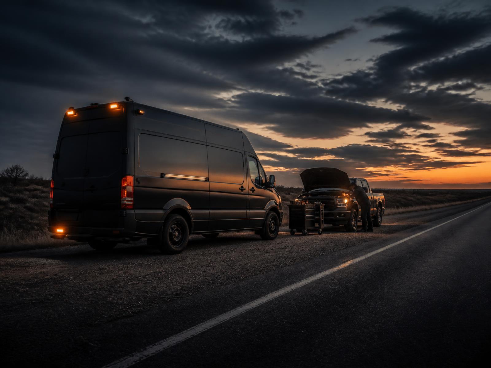 D&R Mobile Mechanics service van performing roadside auto repair at dusk near Amarillo, Texas